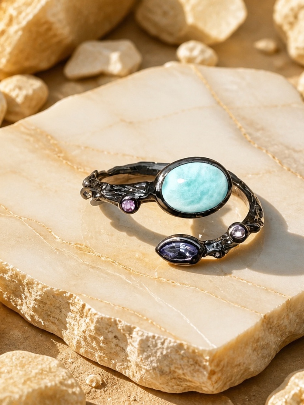 NEW! Larimar, Tanzanite & Amethyst Ring